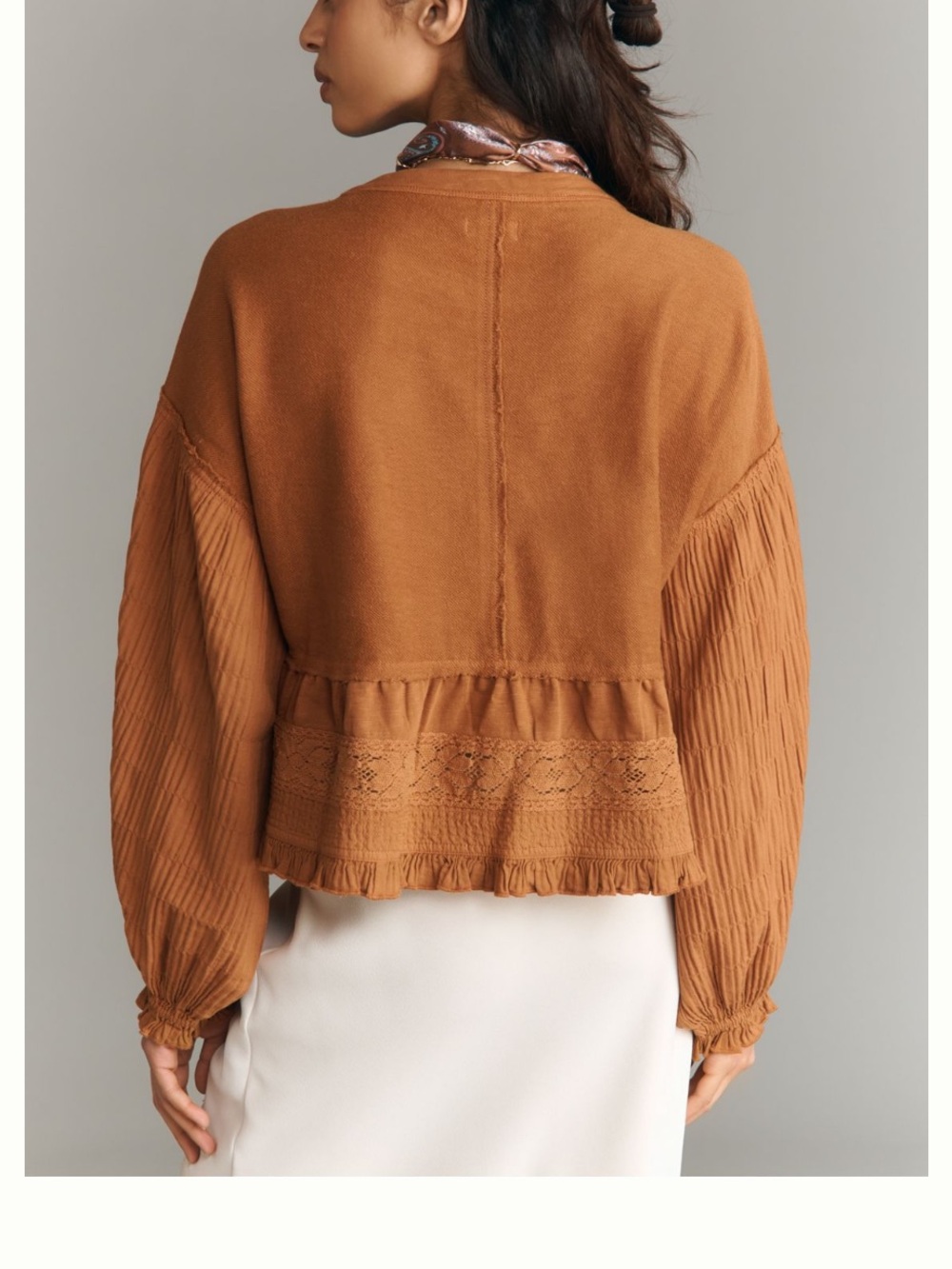 🟤NWT PILCRO by ANTHROPOLOGIE Long-Sleeve Ruffle Crop Babydoll Top in Pecan XL - Picture 5 of 6